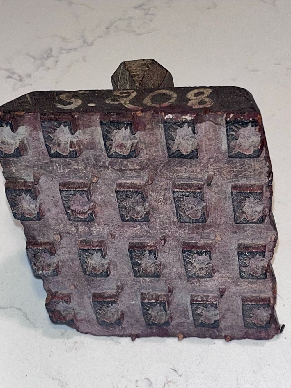 antique hand-carved solid wood textile fabric printing block stamp 6”x4”